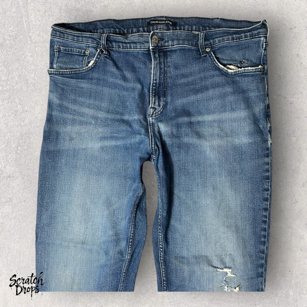 Calvin Klein Jeans Mens Distressed Blue Denim Straight Leg Vintage Fit Pants